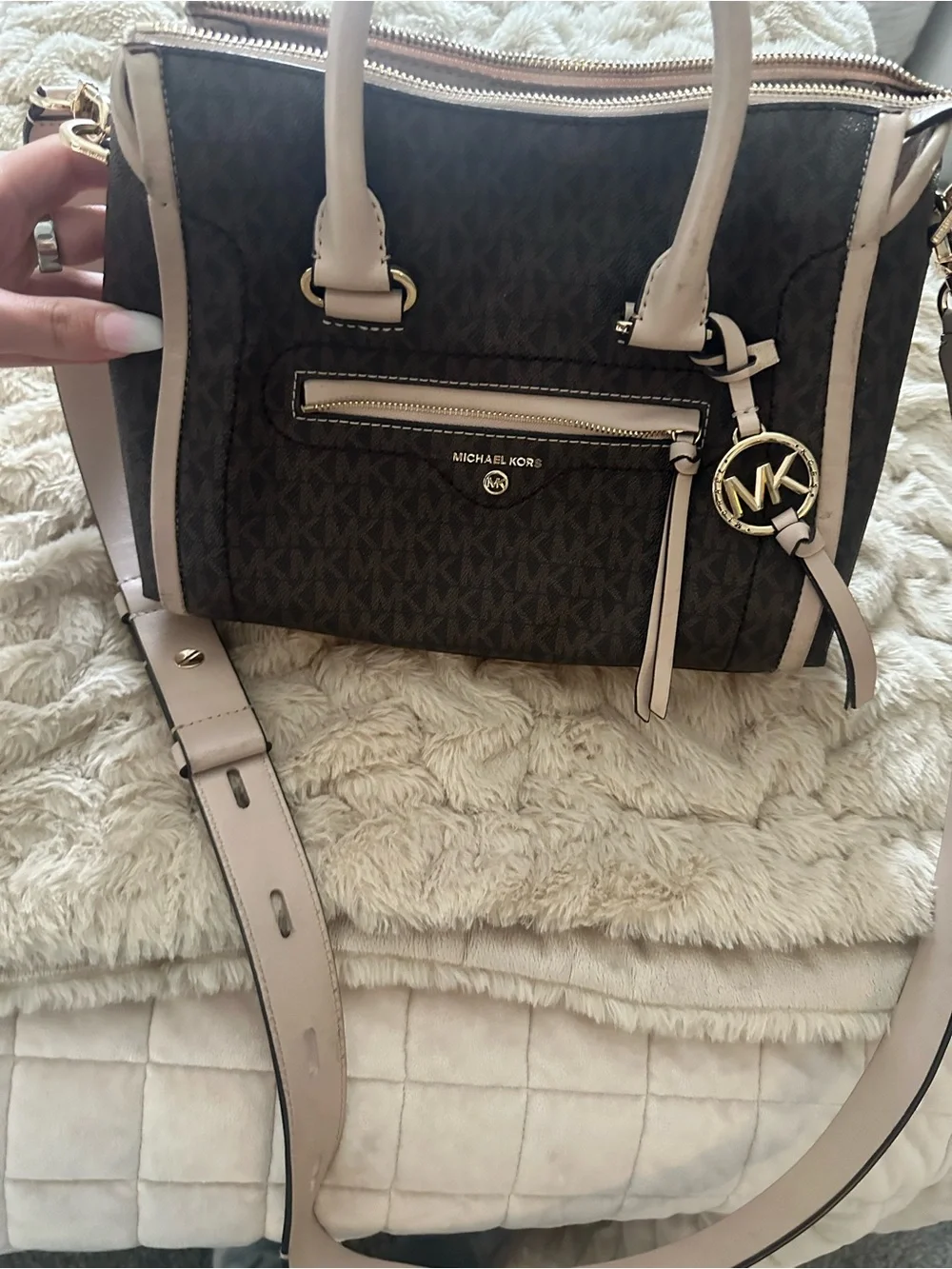 Michael Kors Brown Signature Satchel with light pink Trim and Gold Hardware